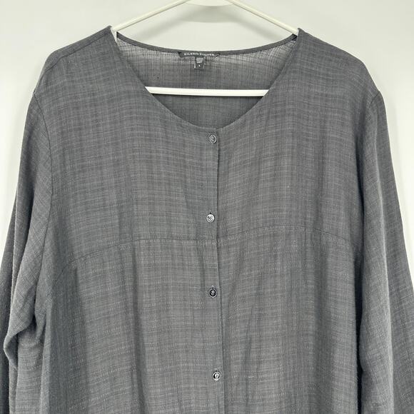 Eileen Fisher Shirt Womens Large Gray Button Front Tunic 3/4 Sleeve Linen - Picture 2 of 12